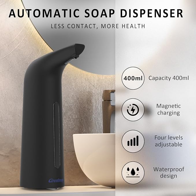 Convenient Automatic Soap Dispenser,4 Adjustable Levels Touchless Hand Sanitizer Pump with Infrared Sensor, 400 ml Countertop Electric Soap Dispenser for Bathroom,Kitchen (BlackBlack)