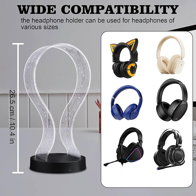 Ammonite Light Up Headphone Stand, 16 Color Lights Gaming Desk Accessory with 1 USB Charging Port and 1 Type-C Charging Ports, USB Power and PCB Pattern, Gifts for Gamers Boyfriend Boy Man