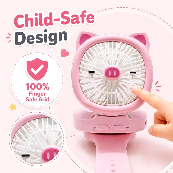 Personal Fan with Wrist Strap - Battery Operated, USB Rechargeable Fan Portable, LED Lights, 3 Adjustable Speed - Portable Fans for Kids Children Boys Girls Indoor Outdoor (Pink)