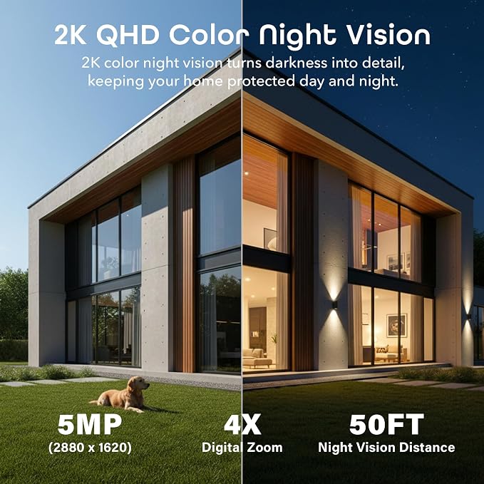 Geeni Falcon Smart Solar Battery Camera 5MP 2K+ – Outdoor Camera Wireless, Weather Resistant with Solar-Powered Battery, Motion Alerts, Color Night Vision, Two-Way Audio — 1-Pack, White