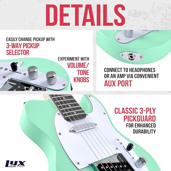 LyxPro 30” Electric Guitar TL Series, Full-Size Paulownia Wood Body, 3-Ply Pickguard, C-Shape Neck, Ashtray Bridge, Quality Gear Tuners, 3-Way Switch & Volume/Tone Controls, 2 Picks Included, Green