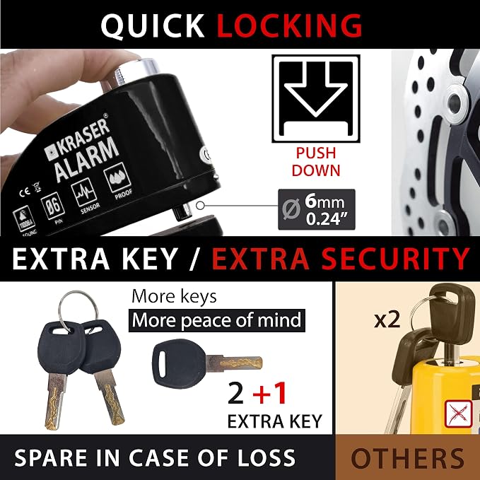 KRASER 6Y Alarm Disc Lock, Reinforced Disc Brake Lock with 3 Keys (Others 2), Heavy Duty Anti-Theft Motorcycle with Alarm,110dB, Weather-Resistant, Reminder Cable, Pouch, Motorbike Moped E-Bike