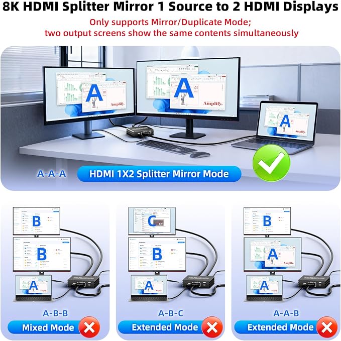 BolAAzuL HDMI 2.1 Splitter 1 in 2 Out 4K 120Hz with 8K HDMI Cable and Power Adapter, 8K 60Hz 1x2 HDMI Y Splitter with Audio Out for Dual Monitors Duplicate, Support HDCP 2.3 HDR for PS5/Xbox/PC/TV