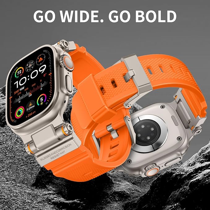 FOAMUNOC Rugged Band Compatible with Apple Watch Ultra 3/2/1 Band 49mm/46mm/45mm/44mm/42mm, Metal Connector with Strap for iWatch Ultra Series 11/10/9/8/7/6/SE3/SE2/SE/5/4/3/2/1, Orange/Titanium