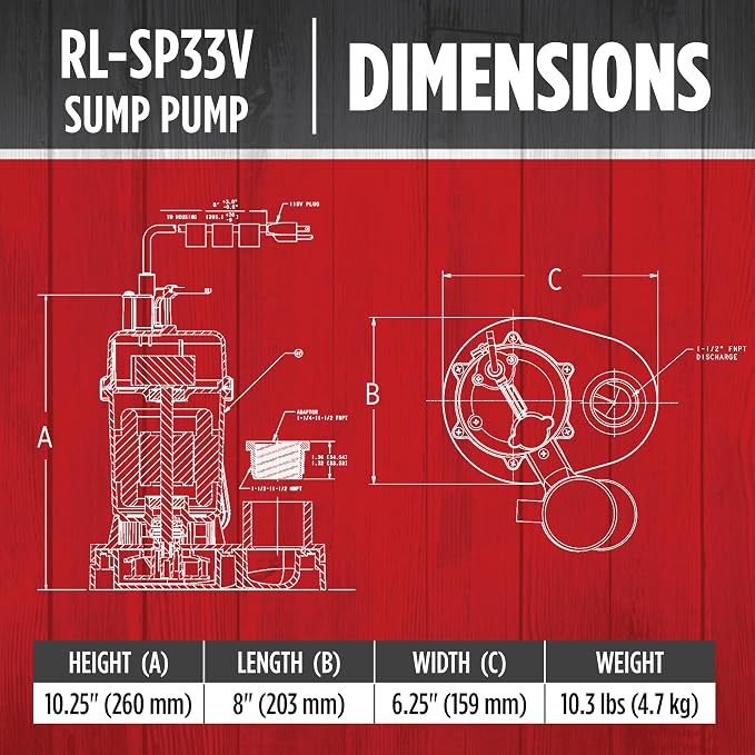 Red Lion RL-SP33V 115-Volt, 1/3 HP, 3200 GPH Aluminum and Thermoplastic Sump Pump with Vertical Switch and 8-Ft. Cord, Red, 14942741