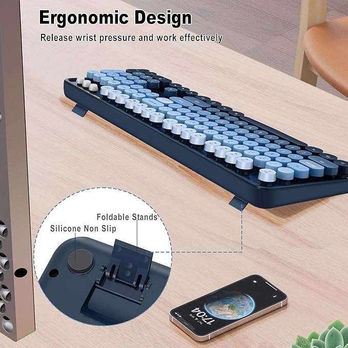 Kootop Wireless Keyboard and Mouse Combo, Cute Colorful 104 Keys Typewriter Retro Round Keycaps Keyboard for PC Laptop,Desktop,Windows, Home and Office Keyboards(Blue)