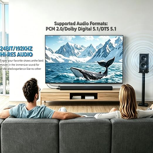 eSynic Professional 192KHZ eARC to Optical Converter-5 ft Long Compact Cable Design-USB Power ARC Audio Extractor-Plug & Play-Dolby5.1 & DTS 5.1 Formats-from HDTV ARC/eARC Ports to Optical Soundbar