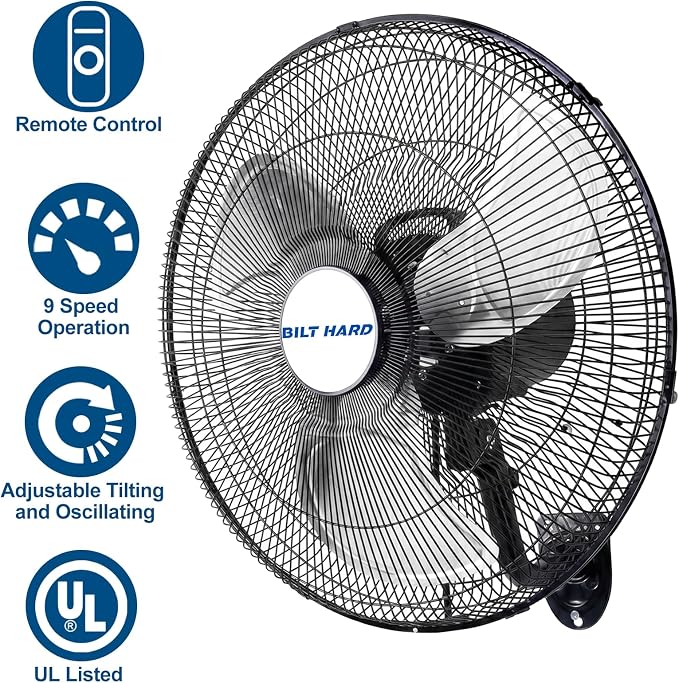 BILT HARD 20" 5200 CFM Wall Mounted Fan with Remote Control, 9-Speed Oscillating Wall Fan with DC Motor, High Velocity Whisper-Quiet Industrial Shop Fan for Garage, Warehouse