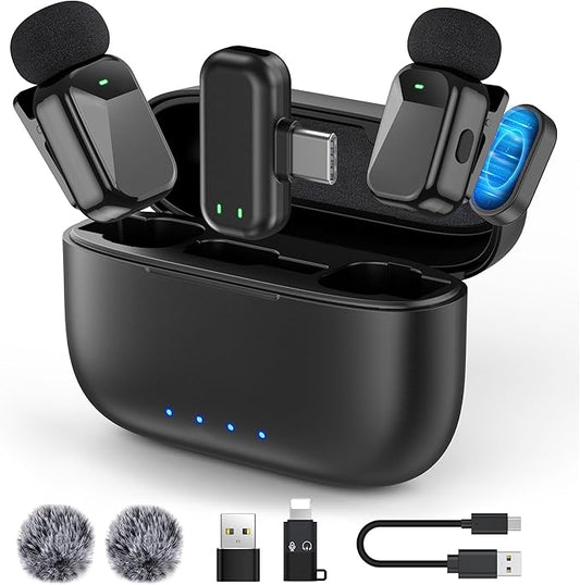 HEHOTTC Mini Wireless Lavalier Microphones for iPhone 15/16/17 & Android, 30H Battery Life with Charging Case, Lapel Microphone Wireless for Video Recording Vlogging