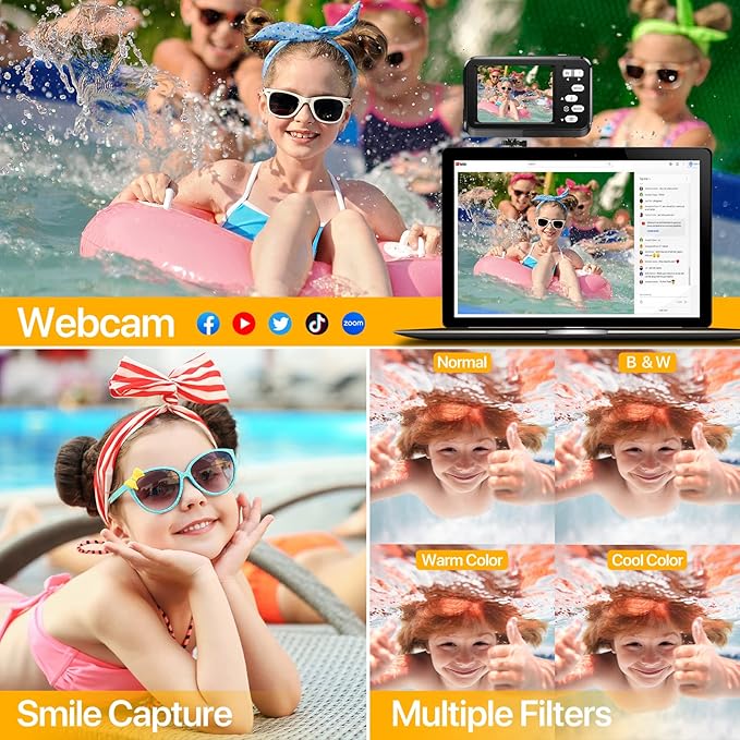 4K Underwater Camera with 64GB Card, 11FT Waterproof Camera Dual-Screen Selfie Underwater Cameras for Snorkeling 16X Digital Zoom Waterproof Digital Camera 2 Batteries (Black)