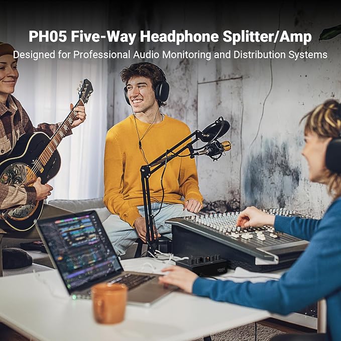 Fosi Audio PH05 5-Channel Headphone Splitter Amplifier, Mini Headphones Amp for Music Studio, Audio Sharing, Podcast Monitor, Supports 16-300 Ohm High Impedance IEM with 12V Power Adapter
