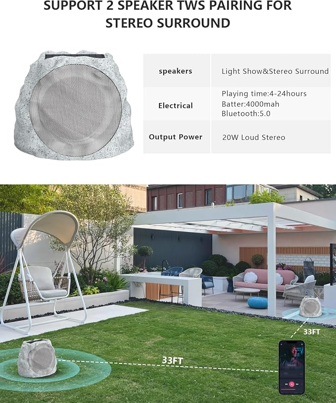 Outdoor Speakers Bluetooth Waterproof Patio TWS Connection Outdoor Bluetooth Speakers Wireless Solar Powered and Rechargeable Rock Speaker for Patio Pool,Backyard (Gray, 2 Pack)