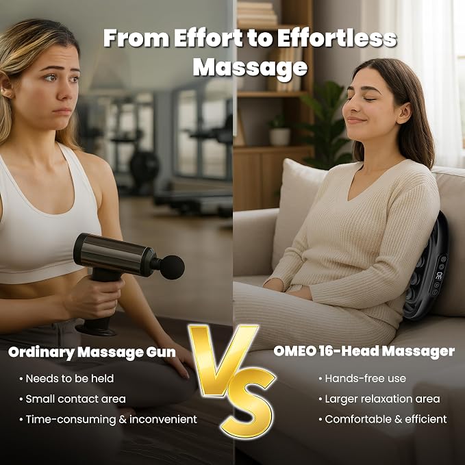 OMEO 16-Head Deep Tissue Massage Gun – Professional Percussion Massager with 30 Intensities & Quiet Motor | Portable Muscle Massager for Pain Relief, Neck, Back, Shoulders & Legs (Black)