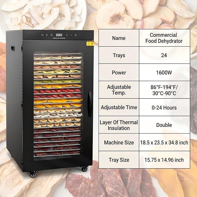 CLIVIA Commercial 24-Tray Food Dehydrator, 1600W Industrial Dehydrator 39.27 ft² Large Capacity, Stainless Steel Dryer with Wheels for Jerky, Meat, Fruit, Herbs, Dog Treats, 86-194°F & 24H Timer