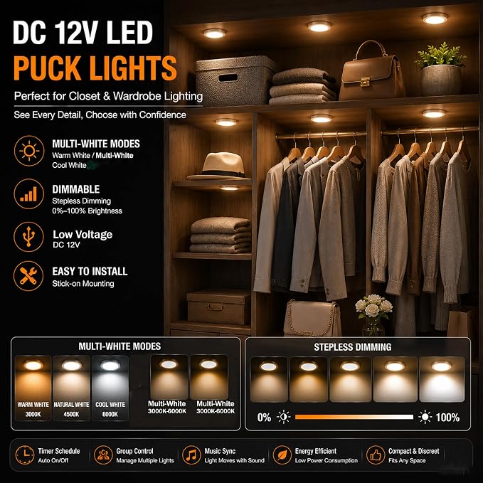 Smart LED Puck Lights, Dimmable Under Cabinet Lighting with Bluetooth App Control, Music Sync, Timer, DC 12V Adaptor (2Pack, Multi-White)