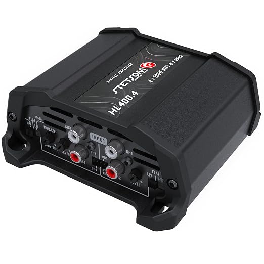 Stetsom HL 400x4 2 Ohms - Compact Digital 4 Channel Amplifier, 400W RMS 400.4, Full Range, High Input, Bass Boost Gain + 14db (Variable Adjustment 30-75hz), Multichannel, Digital Sound, Crossover