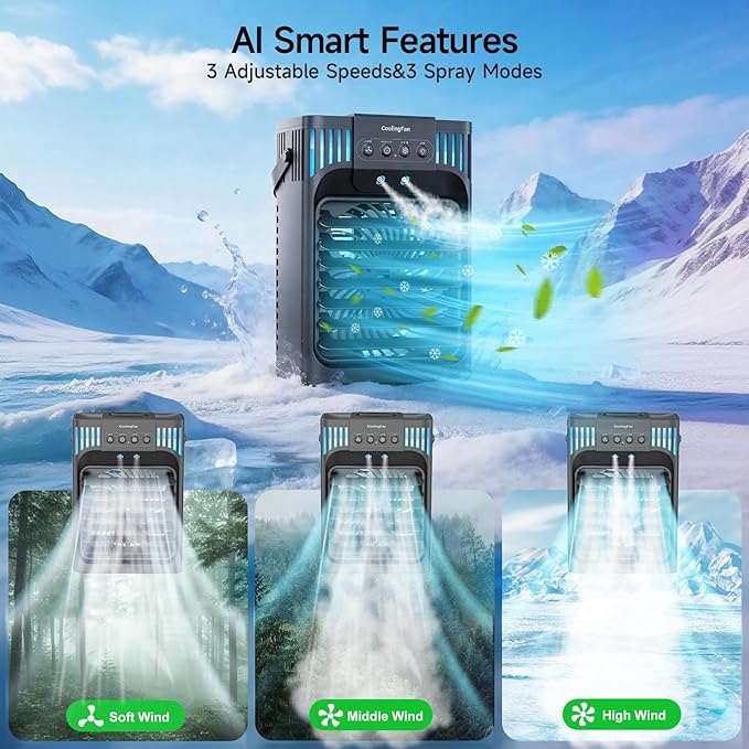 Portable air conditions with remote control, silent with 3 speeds, cooling fan of 1200 ml Personal Air Cooler Fan with 3 Mist, 7 Night Light, 8H Timer, Small Air Conditioner for Bedroom Office