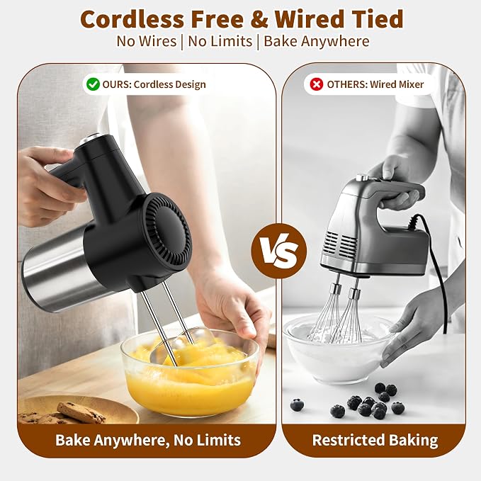 Cordless Electric Hand Mixer, 7 Speed Rechargeable Wireless Handheld Mixer with Eject Button, Long Battery, Quiet Anti-Splash, 6×304 Stainless Steel Attachments & Storage Base for Baking (Black)