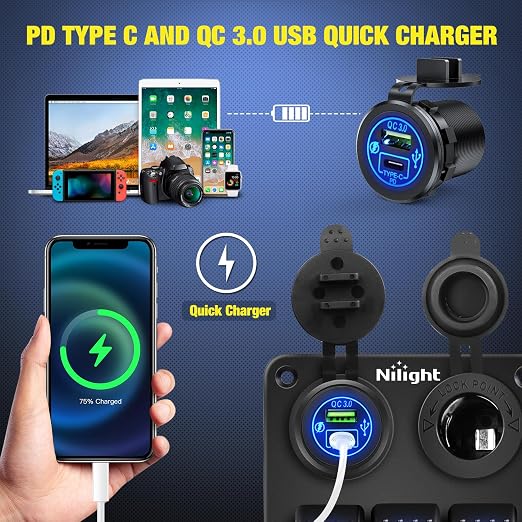 Nilight 3 Gang Rocker Switch Panel Pre-Wired Aluminum with PD Type C and USB Cigarette Lighter Socket Night Glow Stickers 12V 24V ON Off Switches for Car Trucks Boats RVs