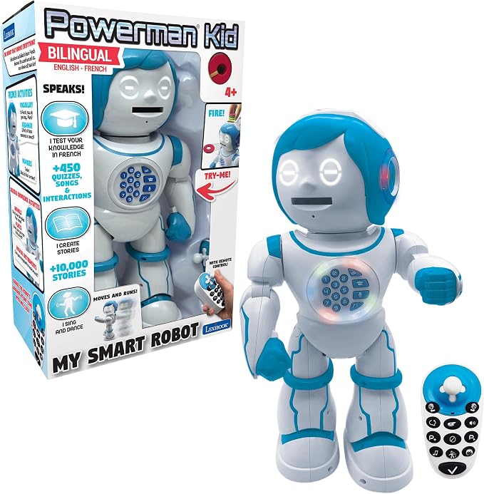 LEXiBOOK Powerman Kid - Educational and Bilingual English/Spanish Robot - Walking Talking Dancing Singing Toy - STEM Programmable Telling Creating Stories - Quizzes Shooting Discs for Kids - ROB90US