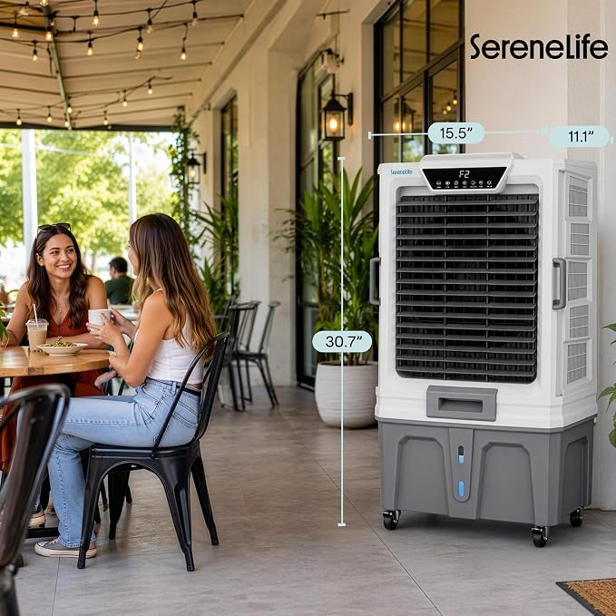 SereneLife Portable Swamp Cooler with 12000 CFM Power - Industrial Evaporative Air Cooler for Large Indoor & Outdoor Spaces, 150 L Tank, 60° Oscillation, 12-Hour Timer, Wi-Fi & Remote Control
