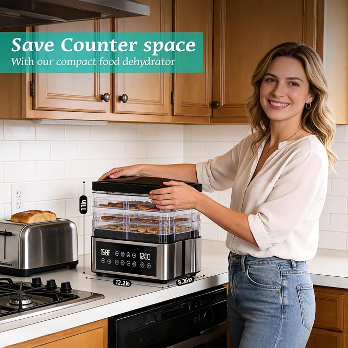 Food Dehydrator, One-Touch Dehydrator with Automatic Temperature Control 5 BPA-Free 11.4" Trays for Jerky, Dog Treats, Herbs, Meat, Fruit, and Yogurt