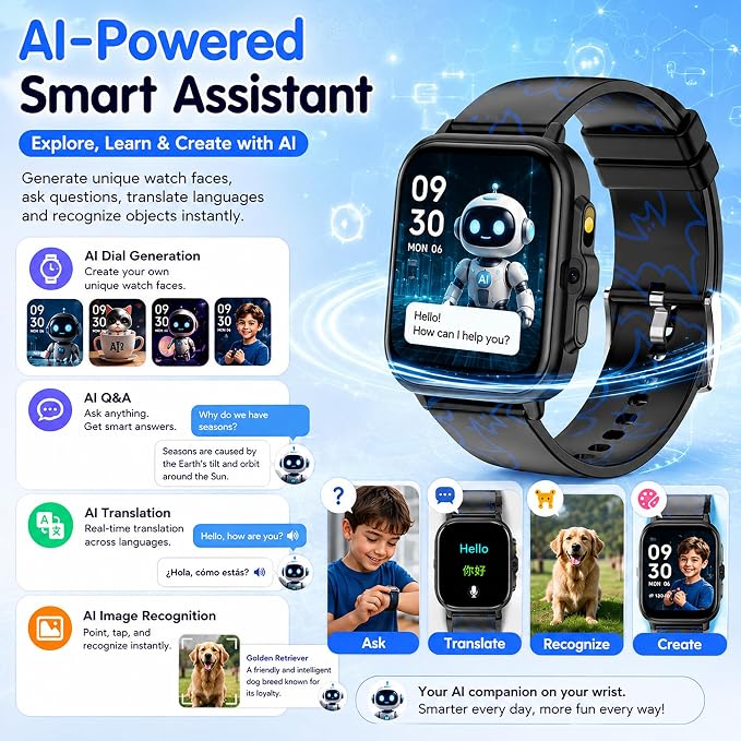 Smart Watch for Kids Boys Age 5-12, Ai Functions Games HD Touch Screen Watches with Video Camera Music Player Pedometer Heart Rate Sleep Tracker Christmas Birthday Gifts for Boys (Black, 1.85")