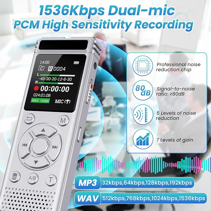 136GB Digital Voice Recorder with Playback,9000 Hours Audio Recording Device,Voice Activated Recorder with Noise Reduction,A-B Repeat,Mp3 Player&Password for Lectures/Meeting/Classes/Interviews,Silver