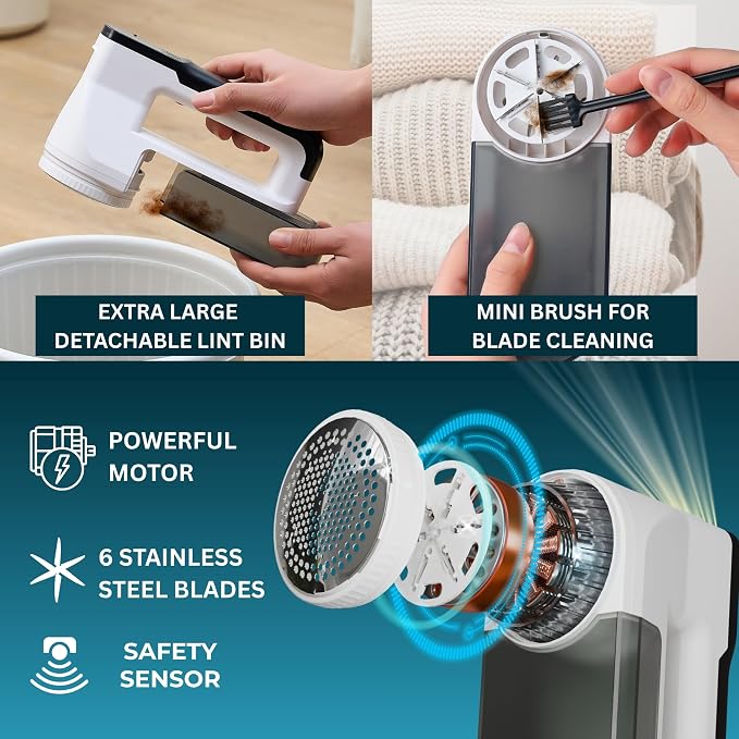 True & Tidy XL Fabric Shaver & Lint Remover Rechargeable Electric Sweater Defuzzer w/ 6-Blade Stainless Steel, 3 Speeds, LED Display, 2 Extra Blades, 3.5 Hrs Runtime for Clothes, Couch, Upholstery