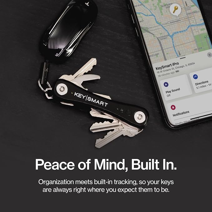 KeySmart iPro - Key Finder Locator with Sound, Keychain Key Holder, Apple Find My App Compatible, Key Organizer, Compact Clutter-Free Key Chain Tracker, Rechargeable Battery (Up to 14 Keys, Black)