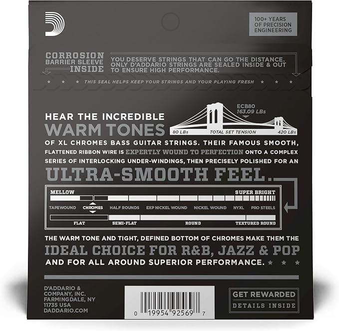 D'Addario XL Chromes Flat Wound Bass Guitar Strings - ECB80 - Long Scale - Super Light, 40-95