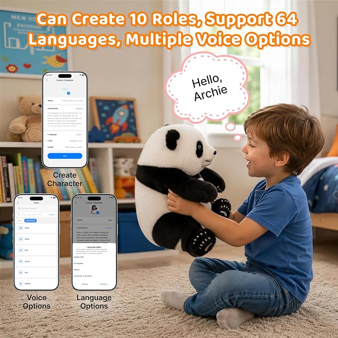 Golabs PT2 Plush AI Robot Panda Toy for Kids 3+,Interactive Companion Pet w/ 64 Languages, APP w/ 10 Roles Powered by GPT-4o, Voice & Touch Interaction, Screen-Free Educational Smart Gift for Boy Girl