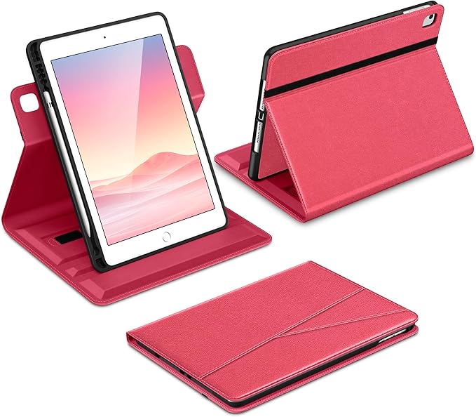 DTTO for iPad 6th / 5th Generation 9.7 Inch (2018/2017), iPad Air 2 / Air 1 Case, 360 Degree Rotating Premium Leather Folio Stand Cover with Pencil Holder, Watermelon Red