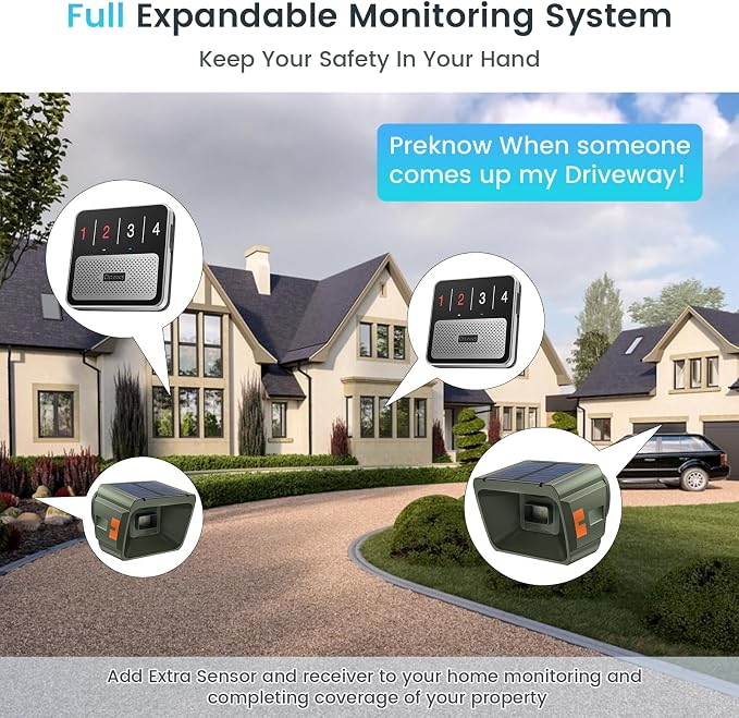 Solar Driveway Alarm Wireless Outdoor 1/2 Mile Range - Customizable Alarm Tones Weatherproof for Driveway Gate, 3 Sensitivity Motion Sensor & Detector Alert for Outdoor/Indoor Property