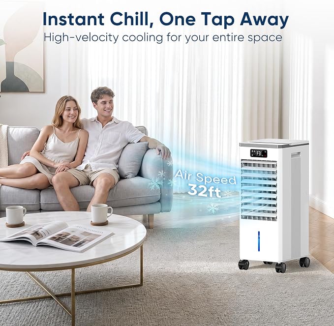 Evaporative Air Cooler, Portable Personal Air Cooler with Detachable Water Tank & Ice Box, 36-40dB Quiet Air Conditioners Cooling Fan with Child Lock, Evaporative Cooler for Bedroom Office Dorm Home