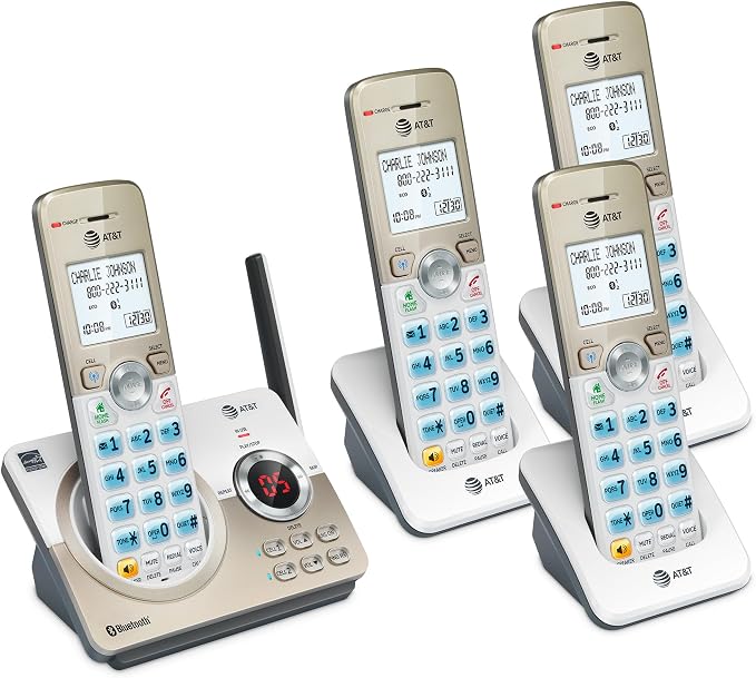 AT&T DECT 6.0 Cordless Phone, 4-Handset – Smart Call Blocker, Bluetooth Connect to Cell, Answering Machine, 1.8" Backlit Display | DL72419