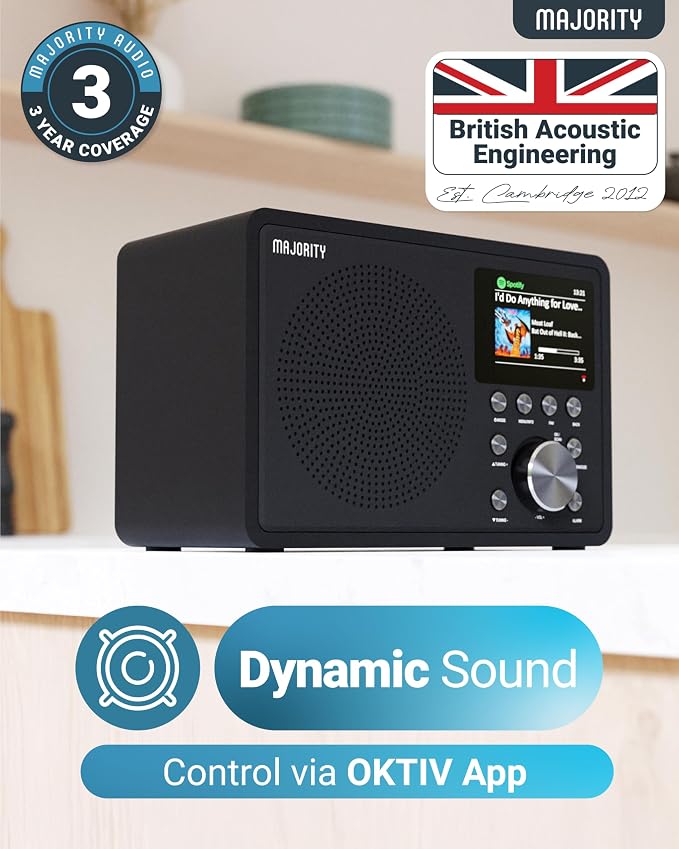 Internet Radio for Home with WiFi and FM | DSP Speaker Perfect for Bedroom, Kitchen, and Living Room Use | FM, Spotify Connect, Multi-Alarm, Frontier Oktiv App Control | Majority Touro