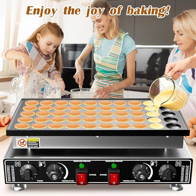 Baotree 50 PCS Commercial Mini Dutch Pancake Maker, 220V 1600W Mini Dutch Pancake Maker, 1.77 Inches Pancake Maker with 2 Thermostats & 2 Timers Separate Control, for Home and Restaurants