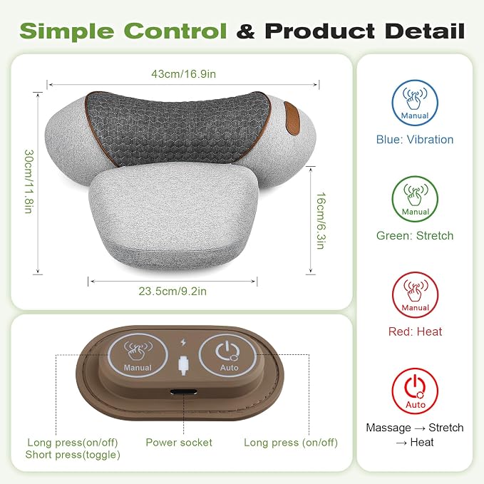 3-in-1 Neck Massager Pillow with Heat & Gentle Traction, Ergonomic Massage Support for Neck Hump Comfort, Daily Relaxation Design for Women and Men, Plug-in Use