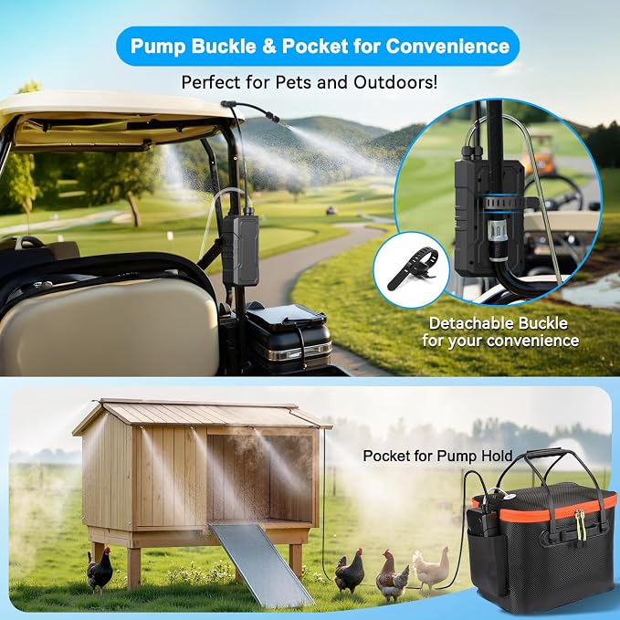 Ausic Portable Misting System for Outside Patio, Outdoor Water Cooling Mister with Battery Powered Pump (Max 8Hrs), 20L Bucket, 26FT Hose, Patio Misters for Tailgating, Pasture, Camping, Canopy, Sport