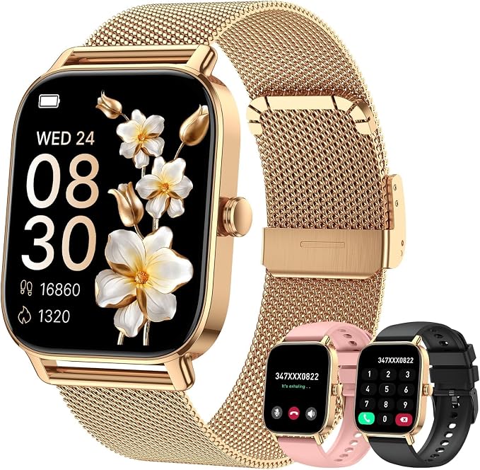 Smart Watch for Women Men Fitness: Waterproof Make Answer Call Digital Mens Watches Running Pedometer Smartwatch for Android Phone iPhone Samsung Compatible Heart Rate Monitor SpO2 Step Tracker Gold