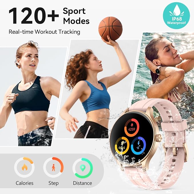 Smart Watch for Women Android iPhone, 1.27'' HD Fitness Tracker with Bluetooth Call & Answer, IP68 Waterproof, Heart Rate/SpO2/Sleep Monitor, Built-in AI Voice, 105+ Sports Modes (Gold)