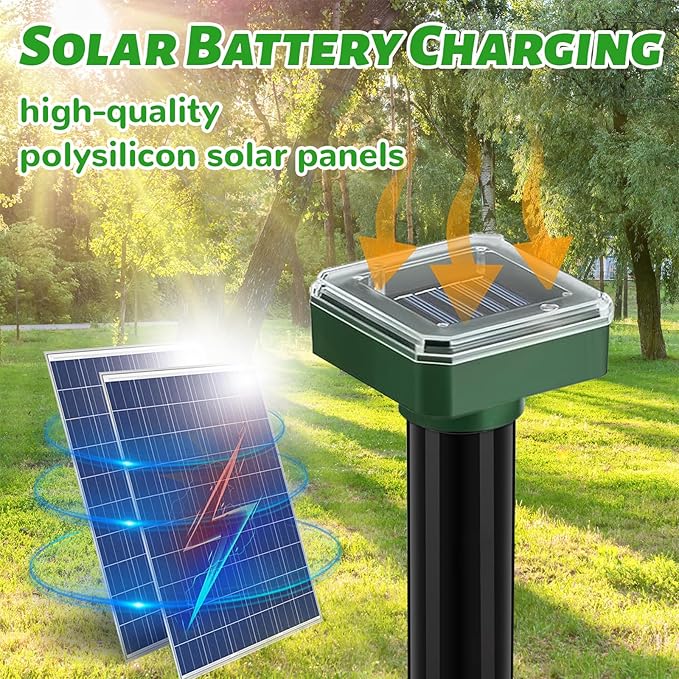 Mole Repellent Solar Powered 10 Pack,Ultrasonic Gopher & Snake Deterrent Spikes, IP44 Waterproof Vole Groundhog Chipmunk Repeller, Outdoor Sonic Stakes for Lawn Garden Yard & Farm Protection