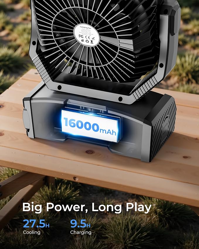8” Portable Rechargeable Fan, Battery Operated Camping Fan with 27H Work Hours, Remote, Auto Oscillation, Timer, Hook for RV Tent Hurricane Emergency Black