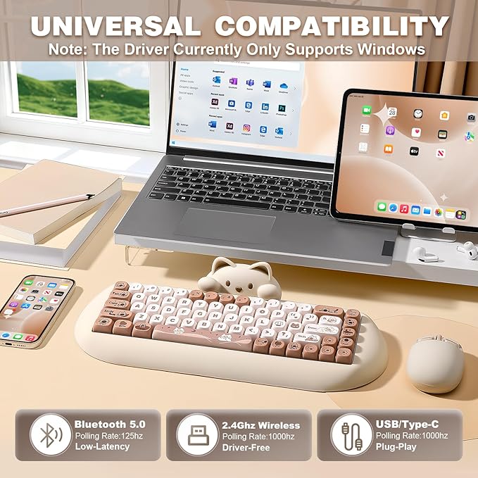 YUNZII C68 Wireless Mechanical Keyboard,65% Layout,Hot Swap,Triple Mode BT5.0/2.4G/Wired, RGB Backlit NKRO,Cute Cat Silicone Ergonomic Design for Win/Mac (Brown, Milk Switch)