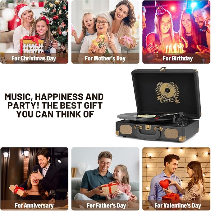 Vinyl Record Player Bluetooth Turntable 3-Speed Suitcase Portable Vintage Belt-Driven Record Player with Built-in Speakers RCA Line Out AUX in Headphone Jack LP Recording to Convert Records to MP3