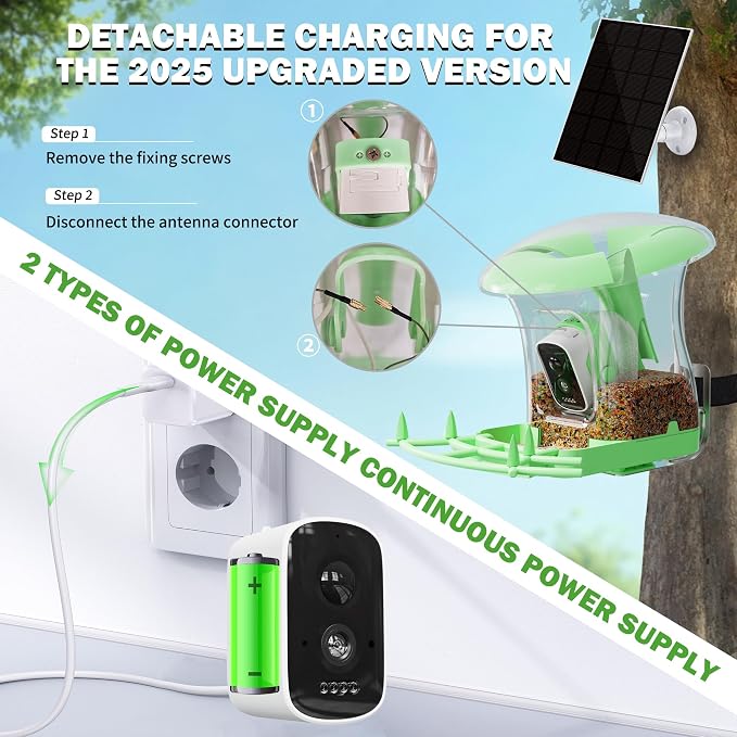 Smart Bird Feeder with Camera, Solar Powered 3 L Capacity, 2K HD AI Identify Bird Species, Weatherproof Auto Video Recording, Real-Time Alerts, Ideal Gift for Tech Lovers and Parents (Green)