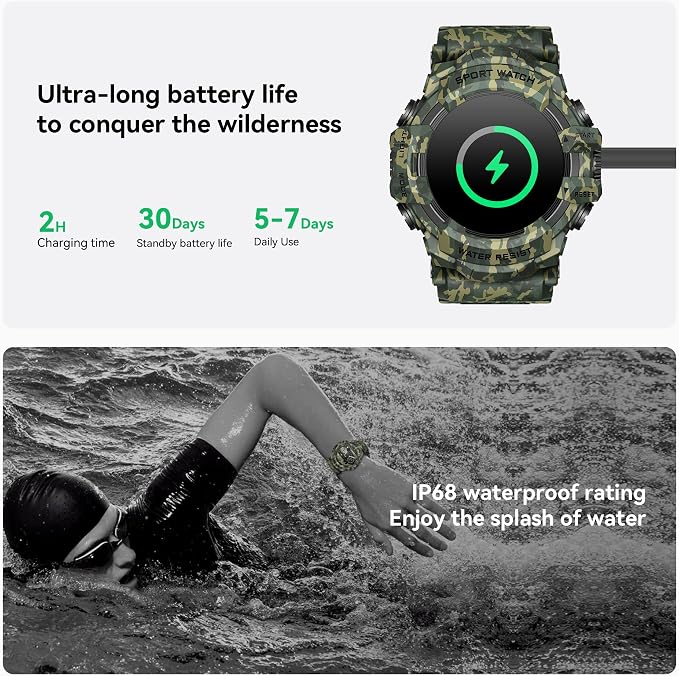 MIDDOW Military Smart Watch with Flashlight (Answer/Make Call) Compass, Heart Rate/Sleep/Sports Tracker, IP68 Waterproof, Long Battery Life, HD Screen, Android & iOS (Camouflage Green)