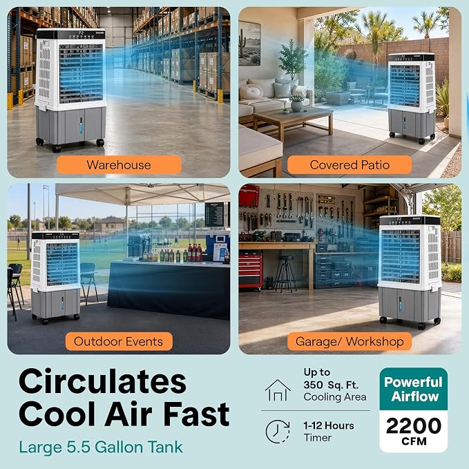 SereneLife Portable Air Cooler with 2200 CFM Power - High-Performance Evaporative Air Cooler for Indoor and Outdoor Spaces, 21 L Tank, Oscillation, 24-Hour Timer, Remote Control Cooling System