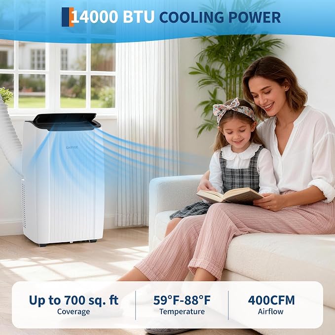 Garvee Portable Air Conditioner, 14000 BTU Portable AC Unit with Dehumidifier, Fan and Remote Control, Energy Efficient Indoor AC Conditioner for Rooms Up to 700 Sq. ft., for Bedroom